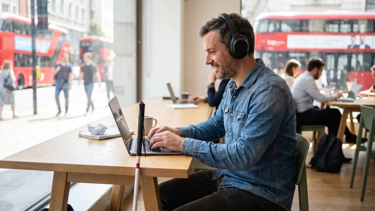 A man in his thirties who is blind uses a laptop with headphones at a bright co-working table in London, his white cane leaning against the table, colleagues blurred in the background.