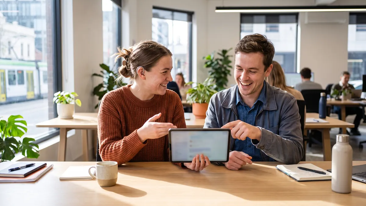 A woman in her twenties with a hearing aid tests a survey on a tablet with a colleague at a bright office table in Melbourne, both smiling.