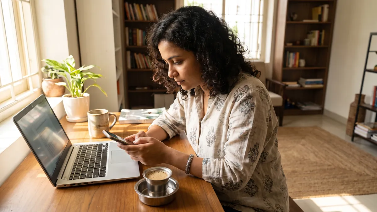 A woman in her thirties in Chennai checks her phone at a bright home desk with a laptop and a cup of filter coffee, morning light.