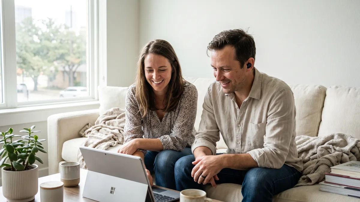A couple in their thirties in Dallas watch something on a laptop on a bright sofa, the man with earbuds, both reacting with mild amusement, screen out of view.