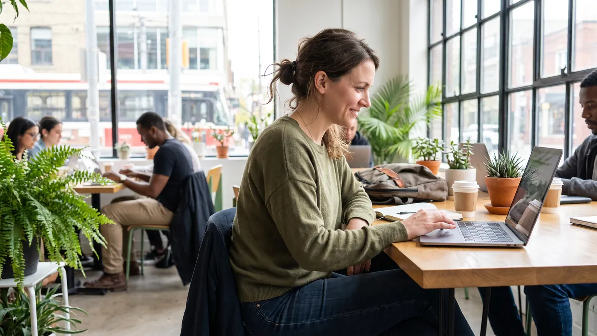 A woman in her thirties in Toronto takes a survey on a laptop at a bright co-working space with plants and big windows, screen turned away from camera.