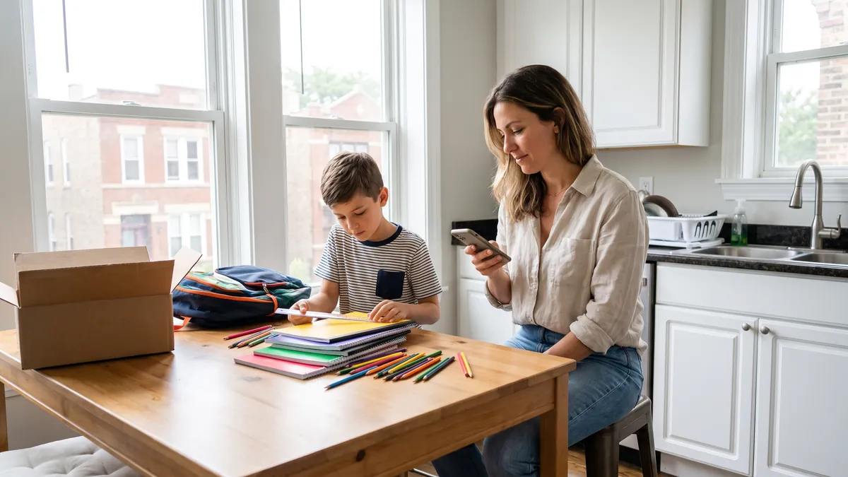 A mother and her ten-year-old son sort new school supplies on a bright kitchen table in Chicago, notebooks and coloured pencils spread out, the mother holding her phone.