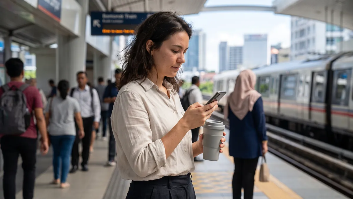A woman in her twenties in Kuala Lumpur checks her phone on a bright commuter train platform, holding a reusable coffee cup.