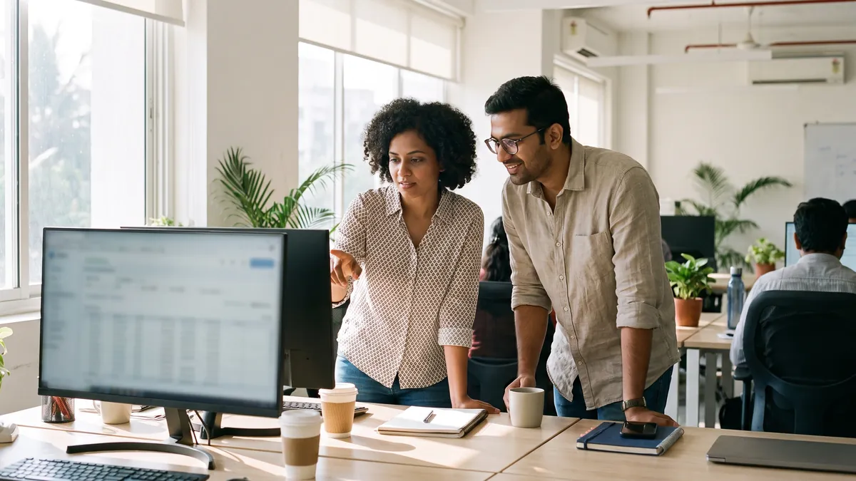 Two researchers in their thirties in Bengaluru review data on a large monitor in a bright open-plan office, one pointing, the monitor content blurred and unreadable.
