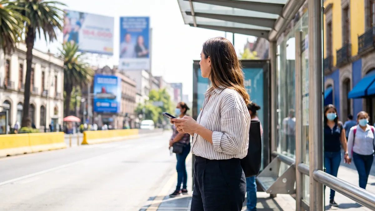 A woman in her thirties in Mexico City looks at billboards while waiting at a bright bus stop, holding her phone, sunny street scene.