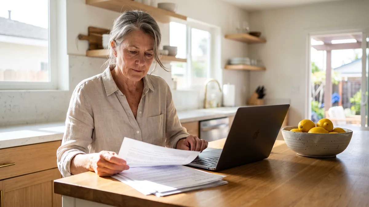 A woman in her fifties reads printed paperwork at a sunlit kitchen island in San Diego, a laptop open beside her with its screen turned away, a bowl of lemons on the counter.