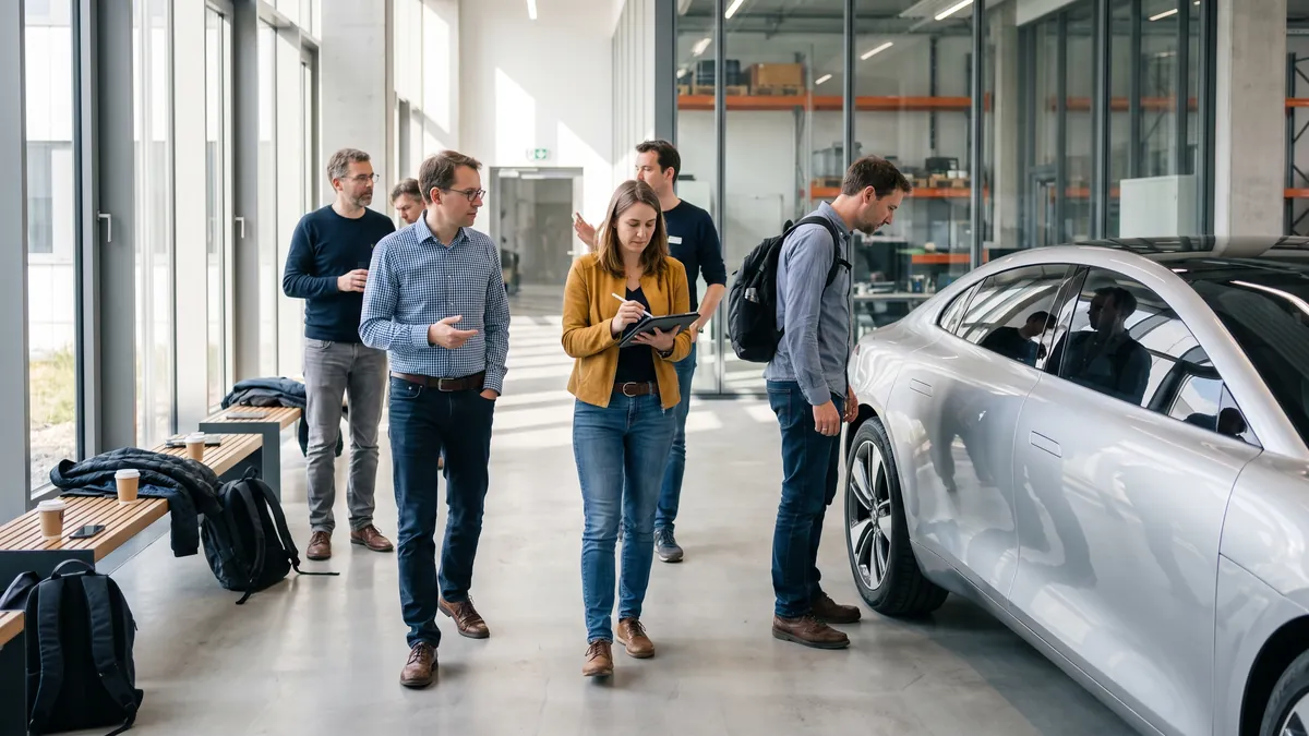 Several adults walk around an unbranded silver concept car in a bright white research hall in Munich, one person taking notes on a tablet.