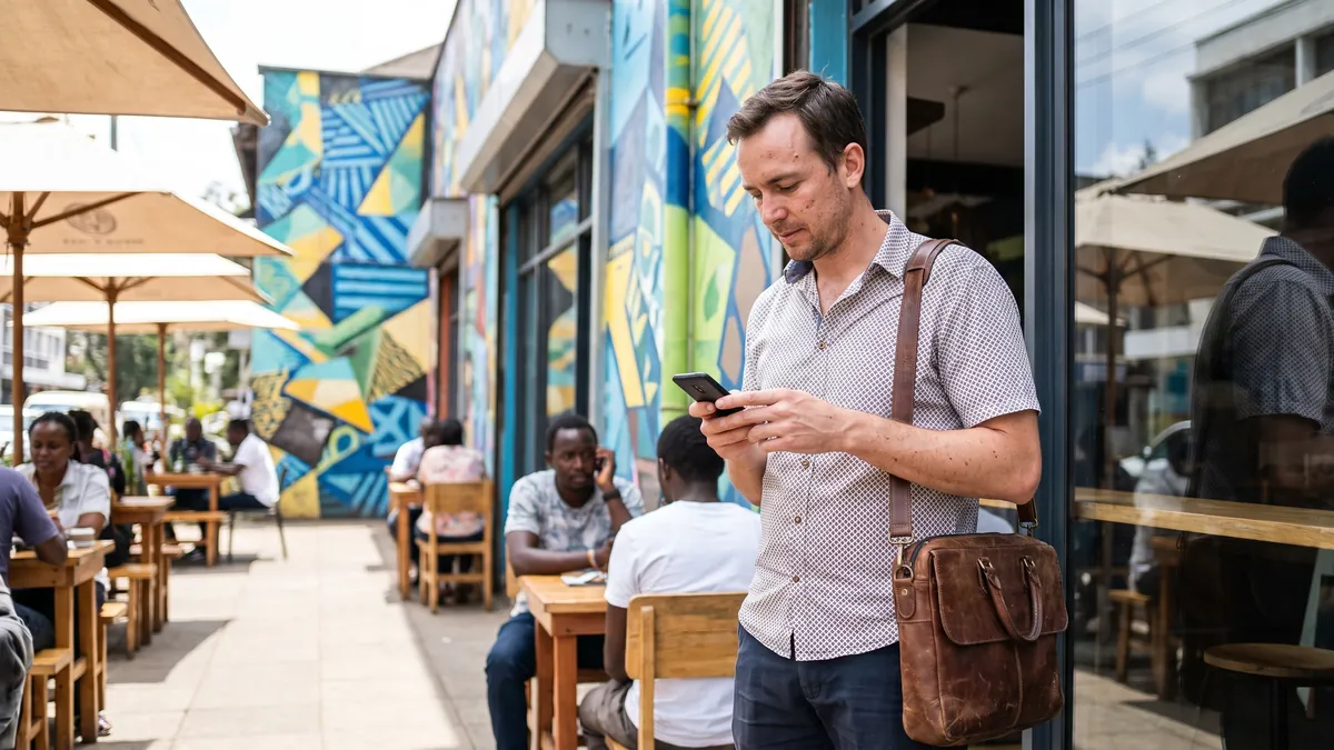 A man in his thirties in Nairobi checks his phone outside a bright cafe with a laptop bag over his shoulder, colourful murals behind him.