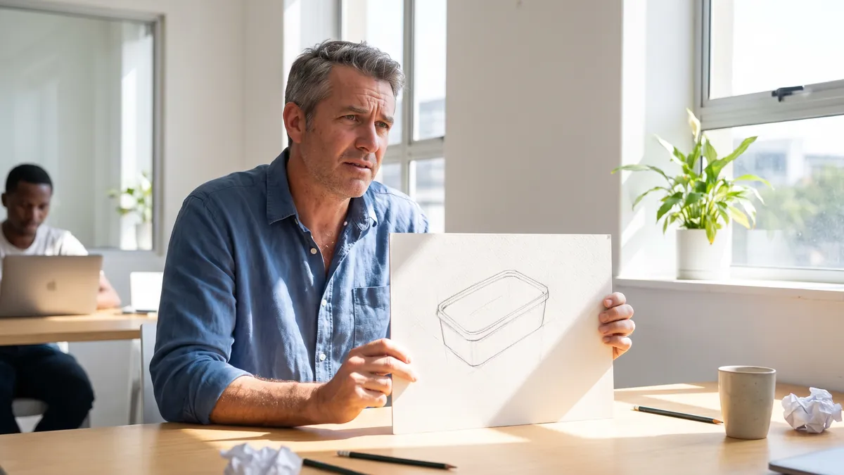 A man in his forties in Johannesburg holds a printed concept board with a plain unbranded product sketch at a bright research room table, looking thoughtful.