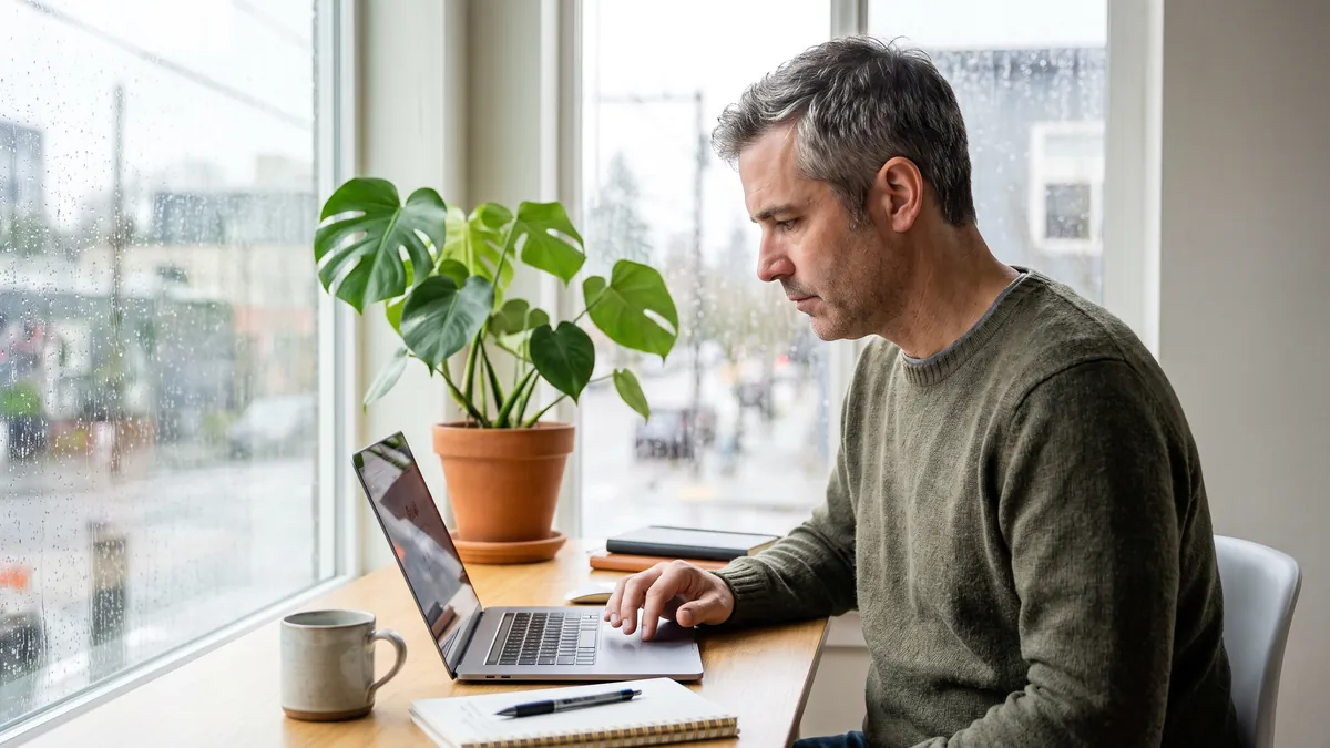 A man in his forties in Seattle adjusts browser settings on a laptop at a bright home office with a rain-streaked window and a plant, screen out of view.