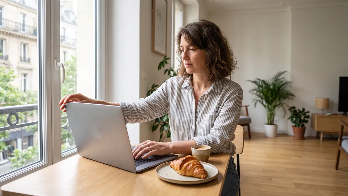 A woman in her forties in Paris adjusts settings on a laptop at a bright table near tall windows, a croissant on a plate, screen angled away.