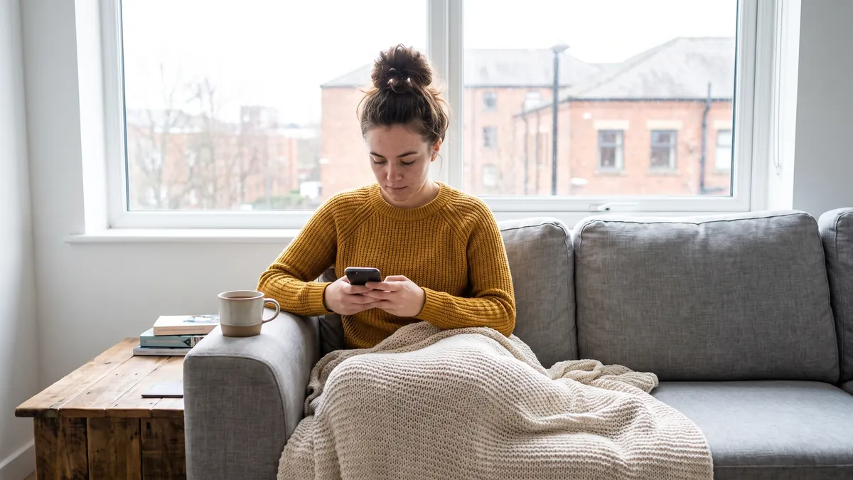 A young woman in Manchester sits cross-legged on a sofa under a knitted blanket checking the settings on her phone, bright winter daylight from a large window, a mug of tea on the side table.
