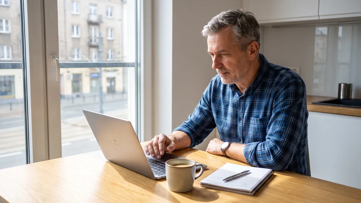 A man in his fifties in Warsaw uses a laptop at a bright kitchen table with a cup of coffee and a notebook, screen angled away.
