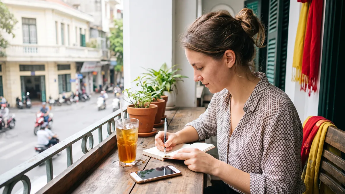 A woman in her twenties in Hanoi writes in a small notebook next to her phone on a bright balcony table with a glass of iced tea and plants.