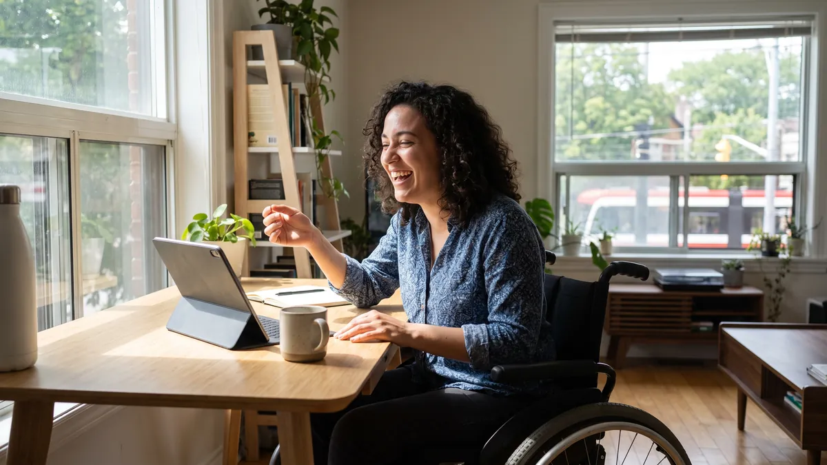 A woman in her twenties who uses a wheelchair laughs while talking on a video call at a bright accessible desk in Toronto, laptop screen turned away.