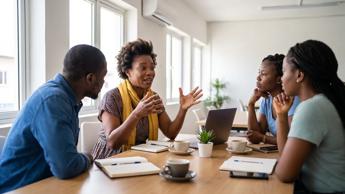 A woman in her thirties in Lagos speaks with an open hand gesture during a bright group discussion, other participants listening attentively around a table.