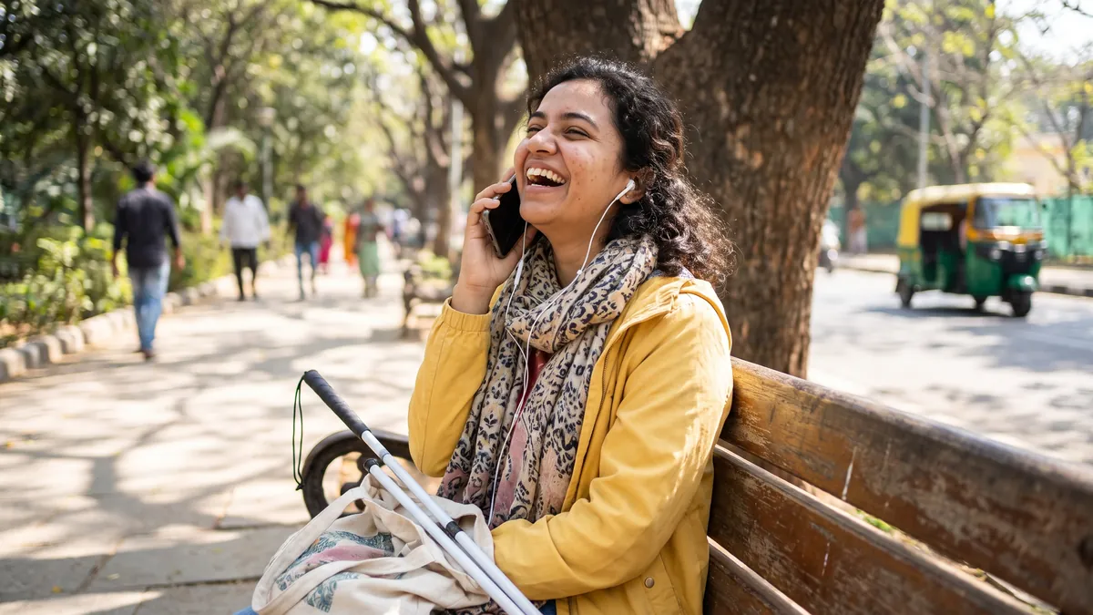 A woman in her twenties who is blind laughs while using her phone with earbuds on a bright park bench in Bengaluru, guide cane folded beside her.