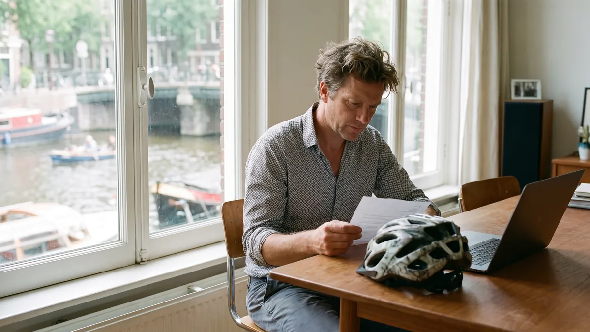 A man in his forties in Amsterdam reads a letter at a bright table by a canal-facing window, a bicycle helmet and a laptop on the table.