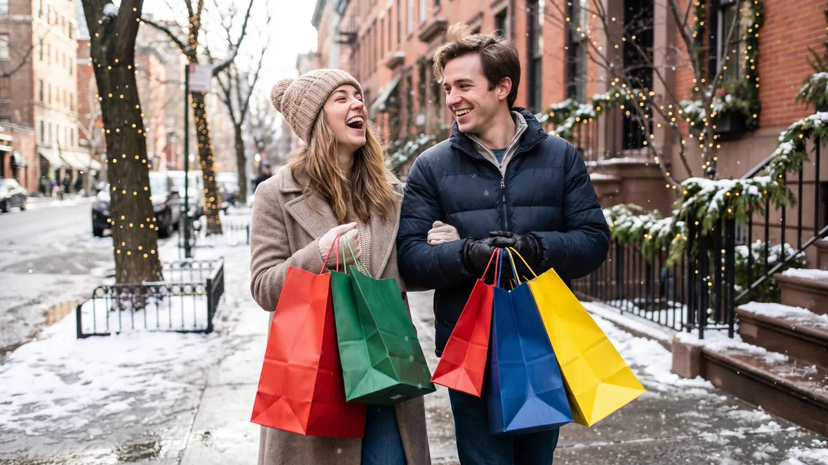 A young couple in New York carry colourful shopping bags along a bright snowy street with festive lights, laughing.
