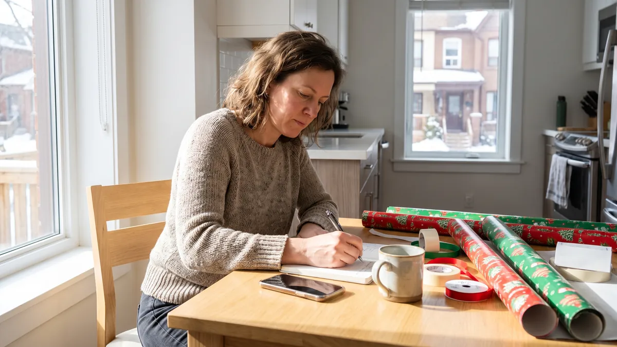 A woman in her forties in Toronto writes a gift list at a bright kitchen table with wrapping paper, ribbons and her phone, natural daylight.