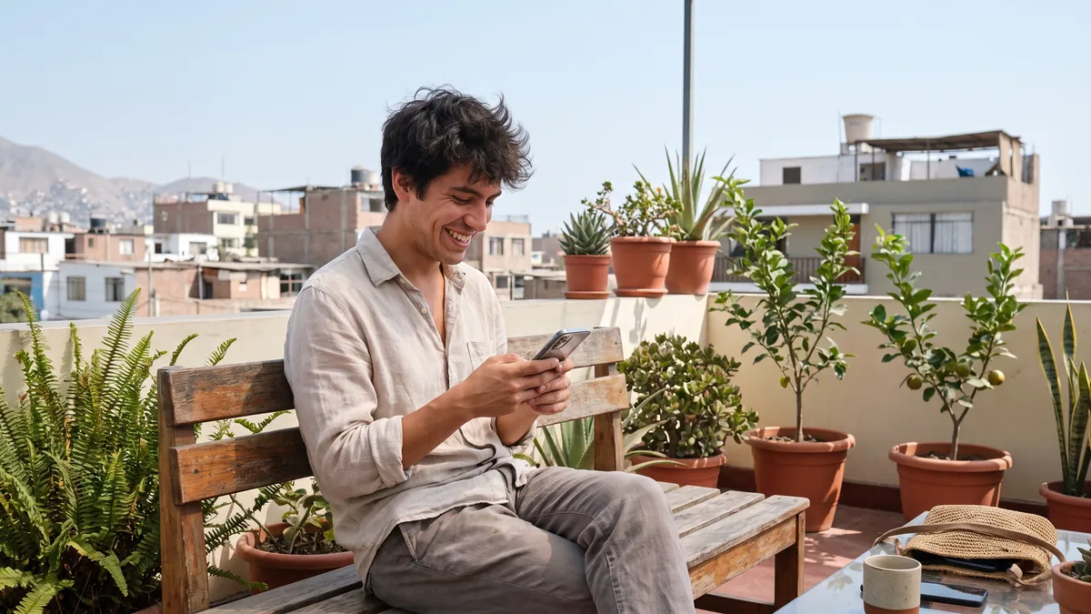 A man in his twenties in Lima takes a survey on his phone on a bright rooftop terrace with plants, smiling to himself.