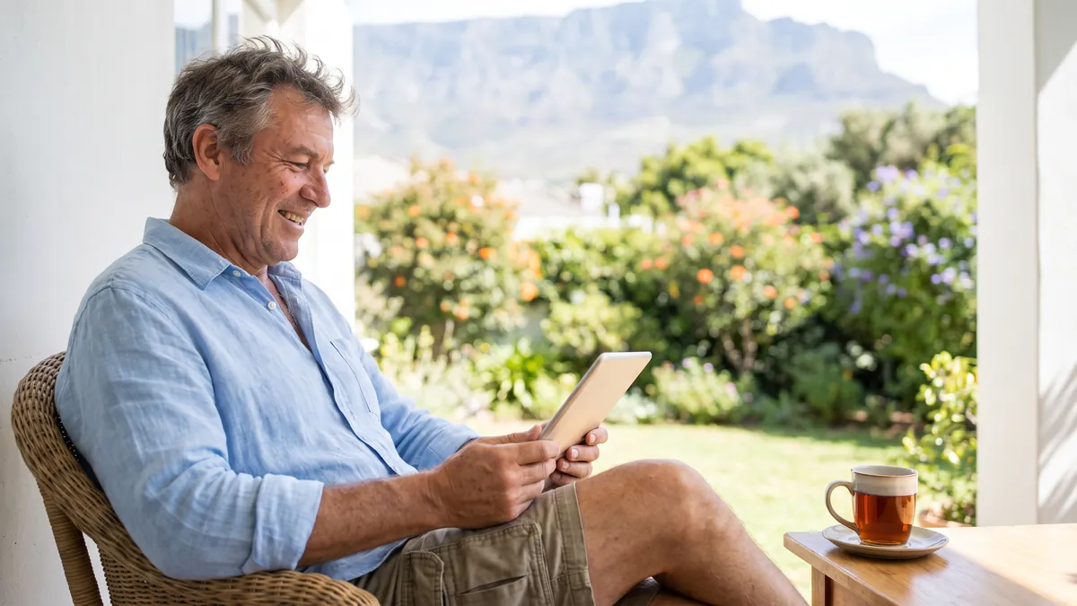 A man in his fifties in Cape Town sits on a bright porch reading on a tablet, a cup of rooibos tea beside him, a garden behind him in soft focus.