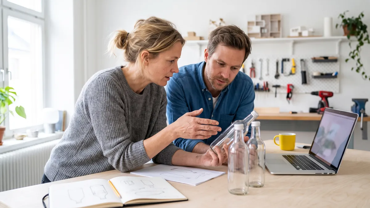 Two product designers in their thirties in Stockholm examine plain unbranded prototype bottles on a bright workshop table with sketches and a laptop.