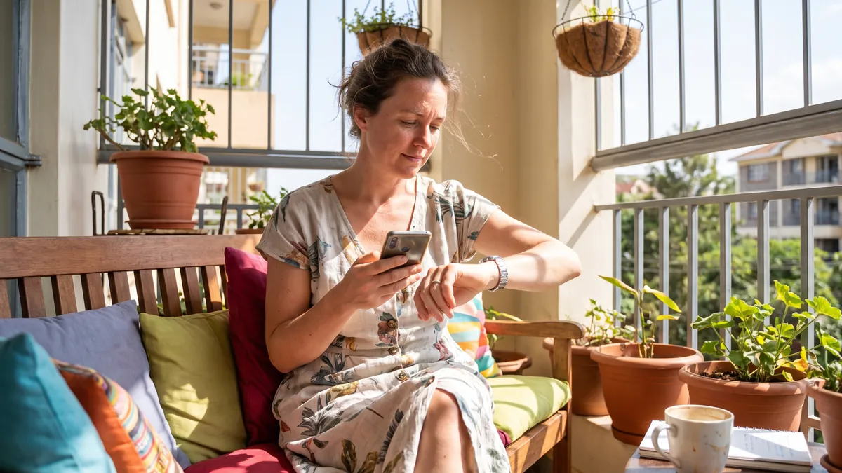 A woman in Nairobi takes a survey on her phone on a bright balcony with potted plants, glancing at a wristwatch, colourful cushions on a bench.