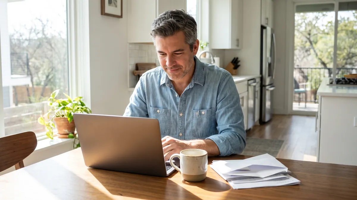 A man in his forties answers a survey on a laptop at a sunny dining table in Austin, Texas, with a coffee mug and opened mail beside him; the laptop screen is angled away from the camera.