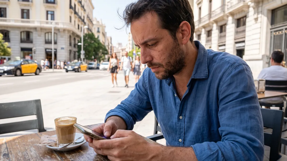 A man in his thirties in Madrid fills in a profile on his phone at a bright cafe terrace with a cortado on the table, sunny street behind him.
