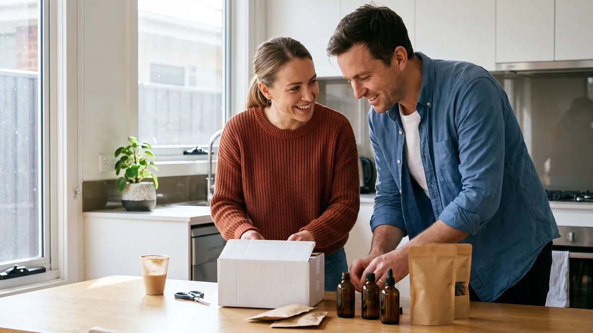 A couple in their thirties in Melbourne unbox an unbranded plain white parcel on their kitchen table, product samples with blank labels laid out, bright natural light.
