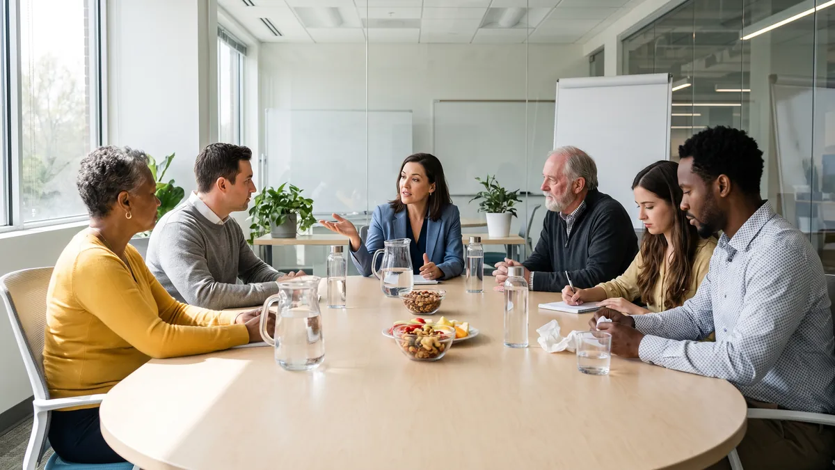Six adults of mixed ages sit around a bright oval table in a modern research facility in Atlanta, a moderator gesturing mid-sentence, snacks and water bottles on the table.