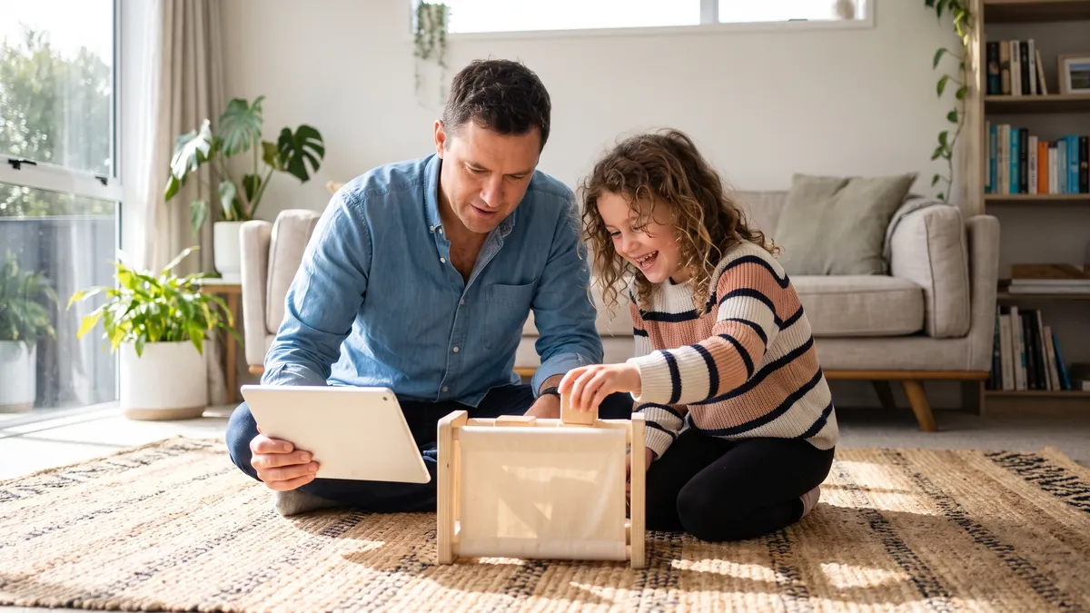 A father and his eight-year-old daughter test a plain unbranded toy together on a bright living room rug in Auckland, the father holding a tablet.
