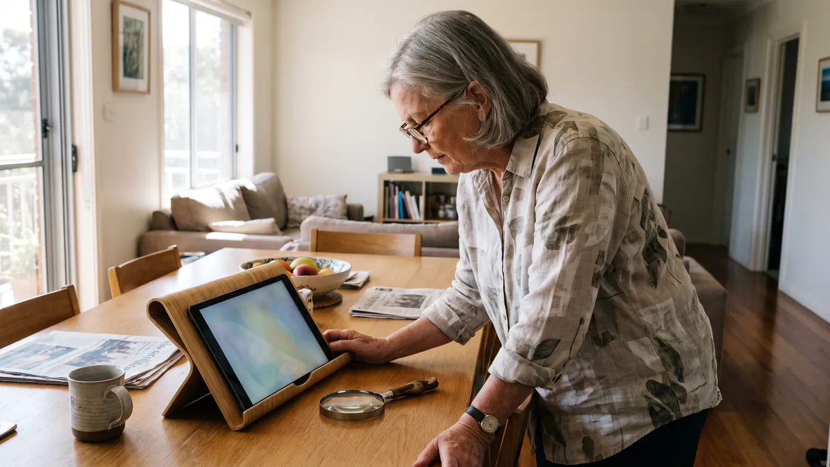 A woman in her seventies leans in to read a large tablet on a stand at a bright living room table in Sydney, a magnifying glass resting beside it.