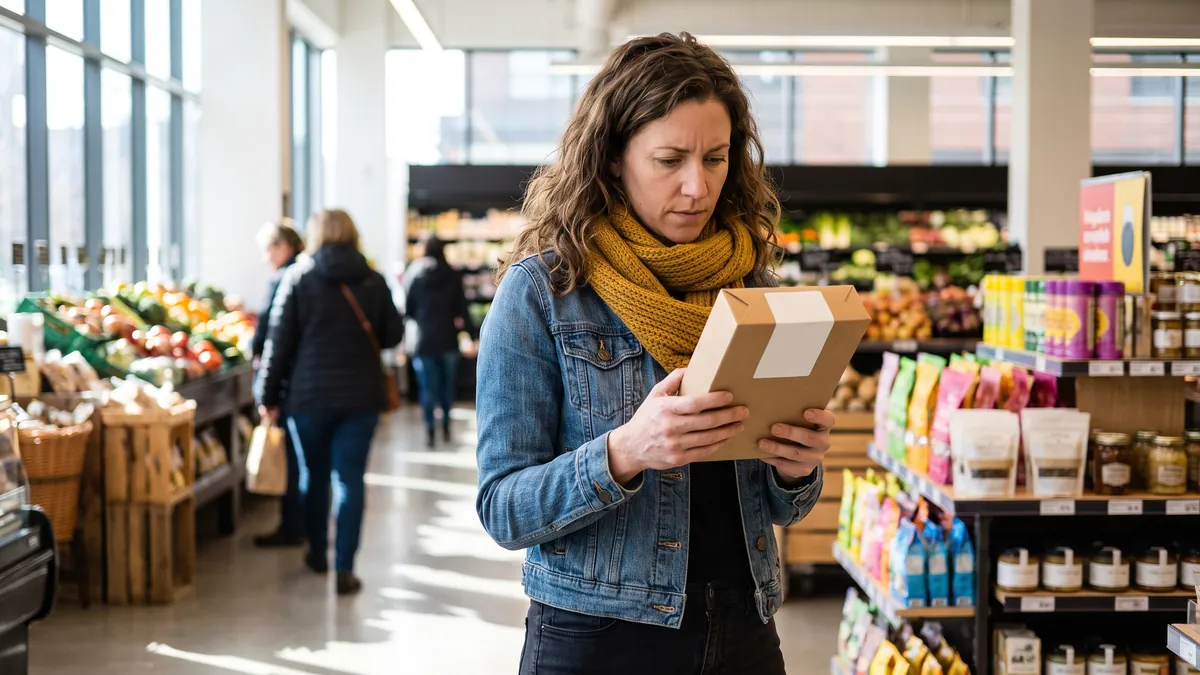 A woman in her thirties in Toronto picks a plain unbranded product from a bright grocery shelf, reading the back label, colourful aisle behind her.