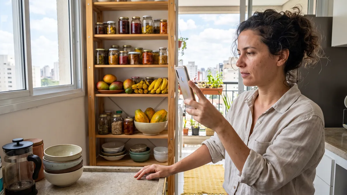 A woman in her thirties in Sao Paulo films her pantry shelves with her phone in a bright kitchen, colourful jars and fruit on the shelves.