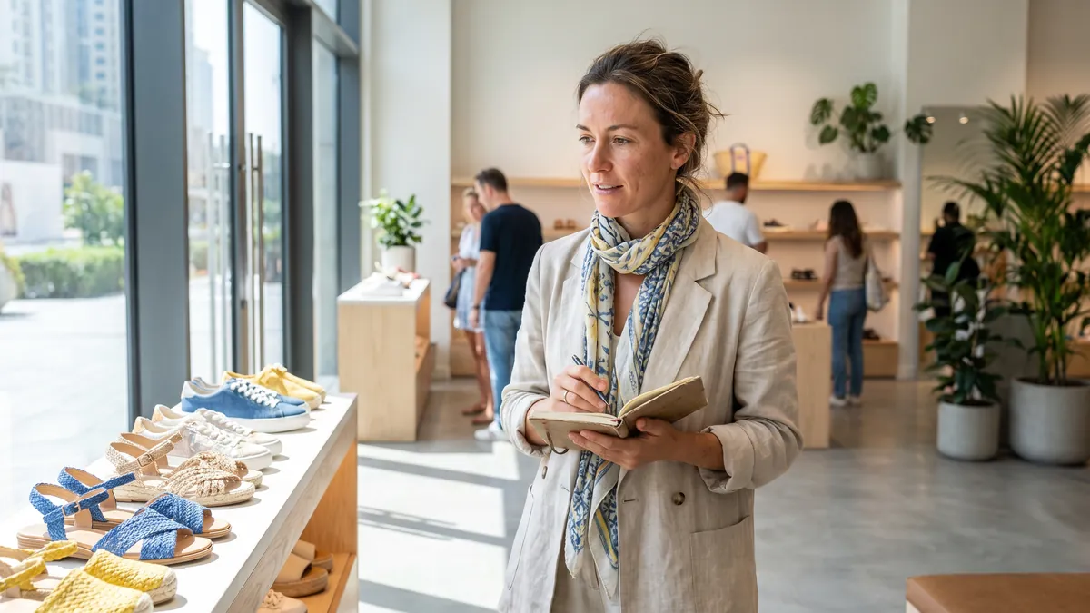 A woman in her thirties in Dubai looks at shoes on a bright display in a modern store, holding a small notebook, natural light from a glass front.