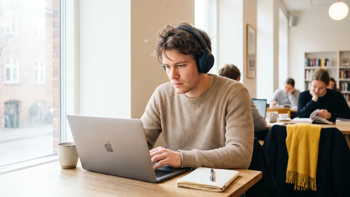 A man in his twenties wearing over-ear headphones works calmly on a laptop in a bright quiet library corner in Copenhagen, soft daylight.