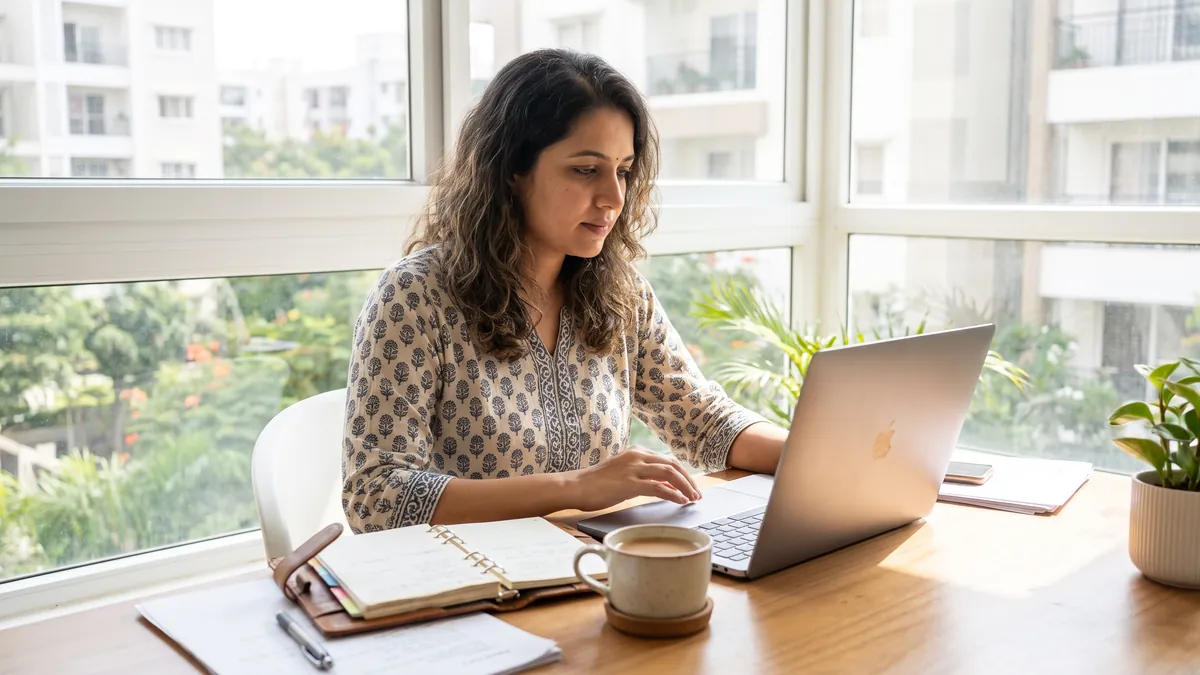 A woman in her thirties in Bengaluru updates details on a laptop at a bright home desk with a new planner and a cup of chai, screen angled away.