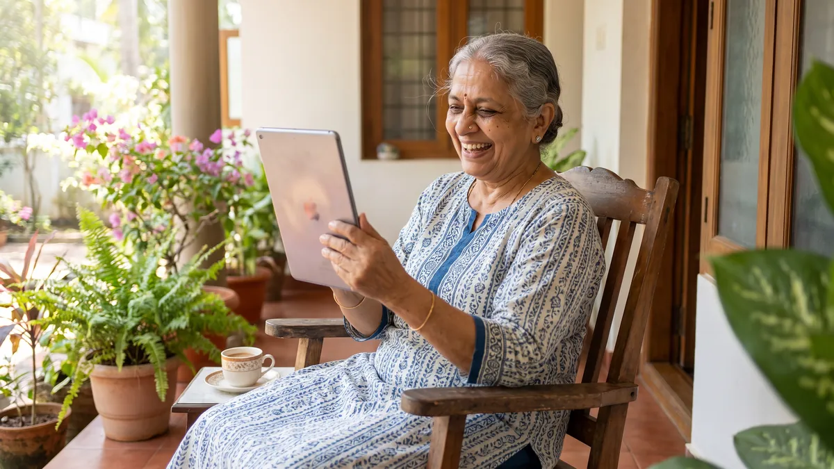 A grandmother in her seventies in Kerala laughs during a video call on a tablet at a bright verandah with plants, a cup of tea beside her.