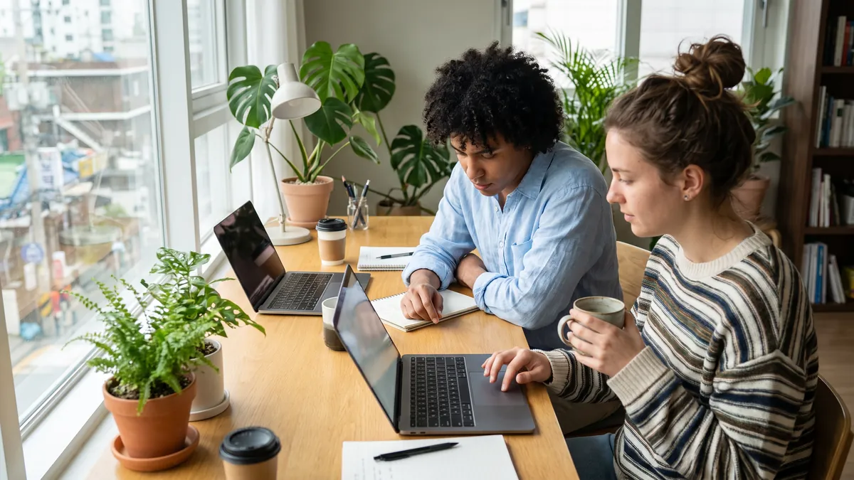 Two flatmates in their twenties in Seoul each use their own laptop on a shared bright desk by a window, plants and a lamp in the background, screens out of view.