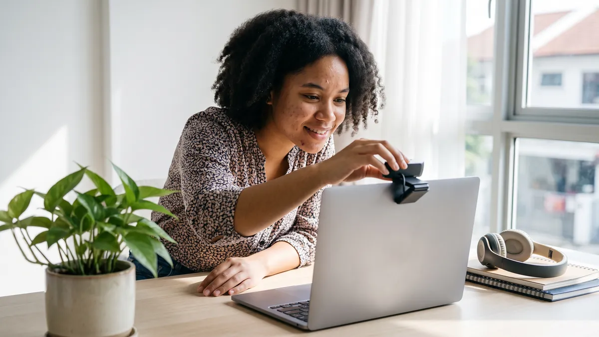 A woman in her twenties in Singapore adjusts a small webcam on top of her laptop at a tidy desk with a pot plant and headphones, bright daylight, screen out of view.