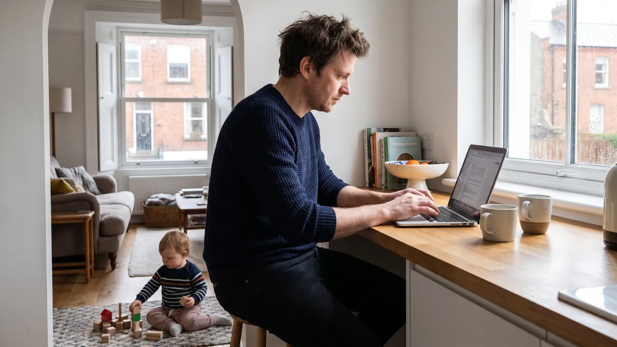A man in his thirties in Dublin types on a laptop on a bright kitchen counter while his toddler plays with blocks on the floor nearby.