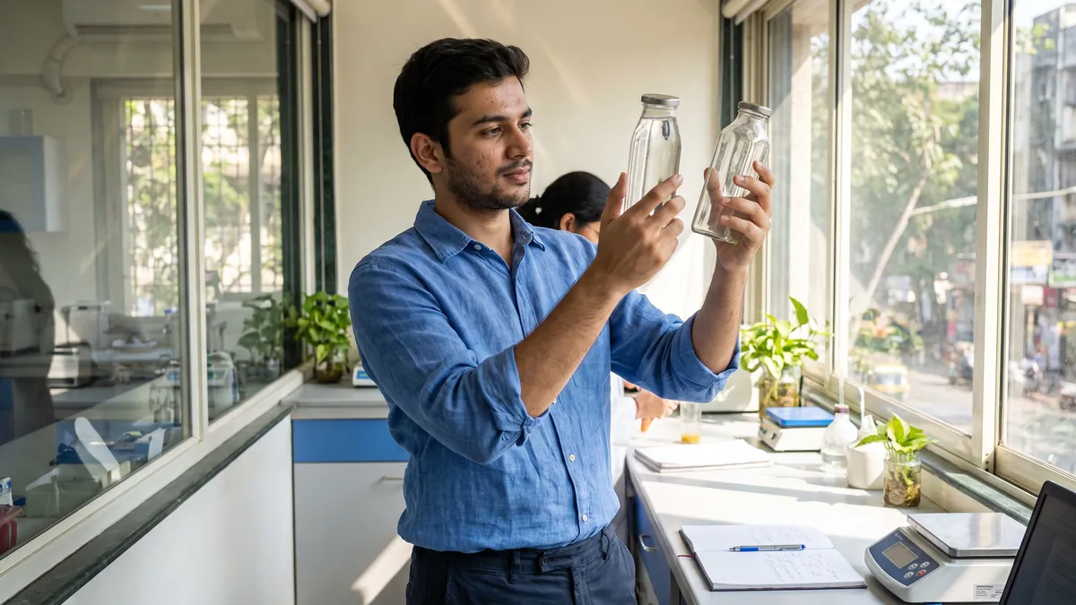A man in his twenties in Mumbai holds two plain unbranded juice bottles of different shapes in a bright research room, comparing them.