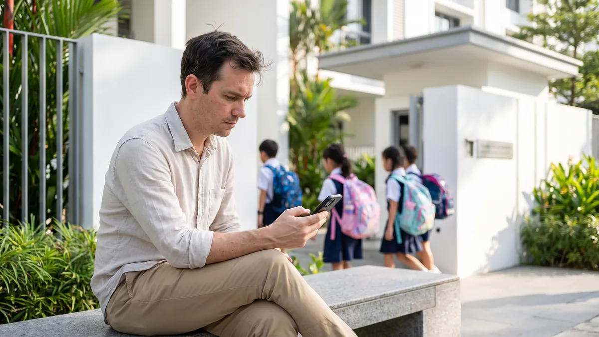 A father in his thirties in Singapore answers a survey on his phone while waiting at a bright school gate, children with backpacks blurred in the background.