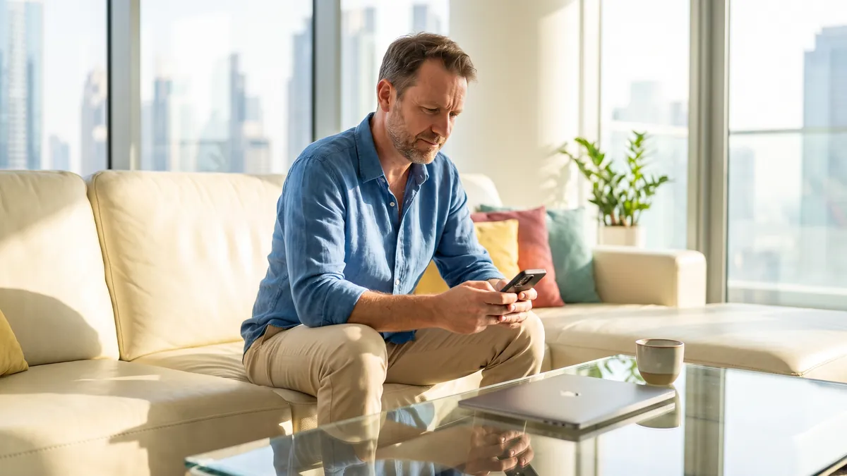 A man in his forties in Dubai frowns slightly at his phone while sitting on a bright sofa, a laptop closed on the coffee table, afternoon sun.