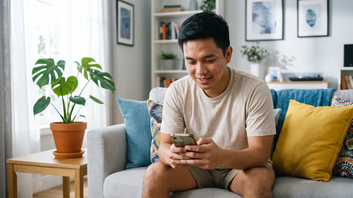 A young man in Manila fills in details on his phone on a bright sofa with colourful cushions, a houseplant beside him.