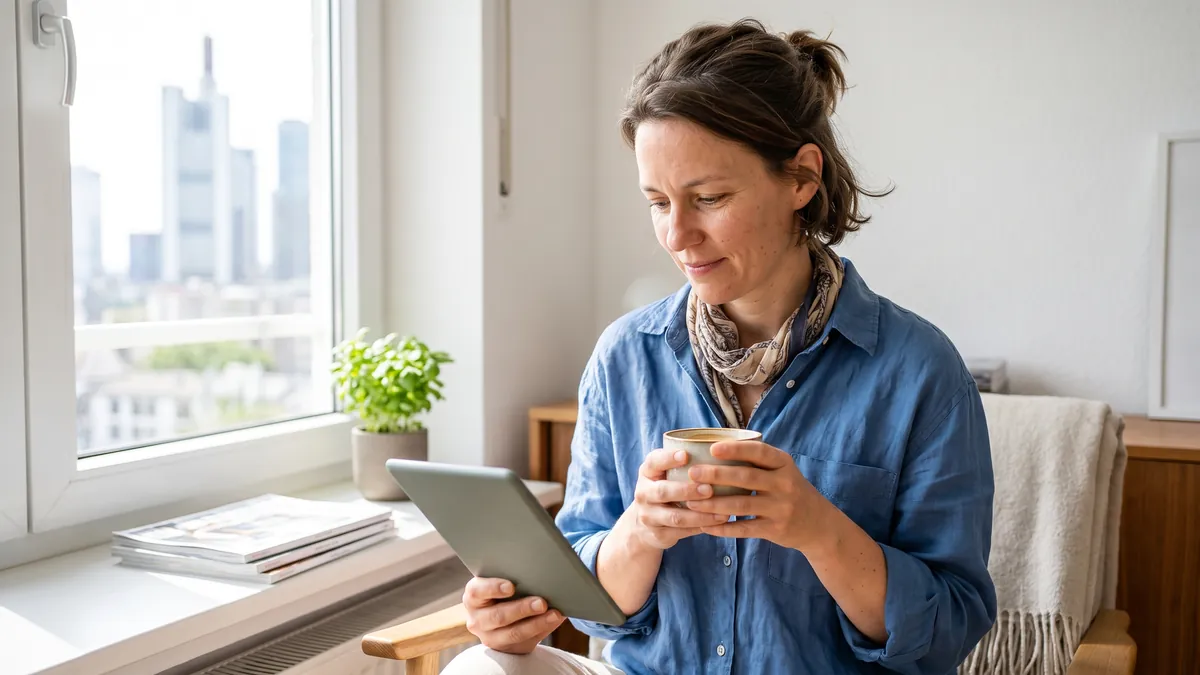A woman in her forties in Frankfurt reads on an e-reader at a bright window seat with a cup of coffee, a city skyline softly blurred outside.