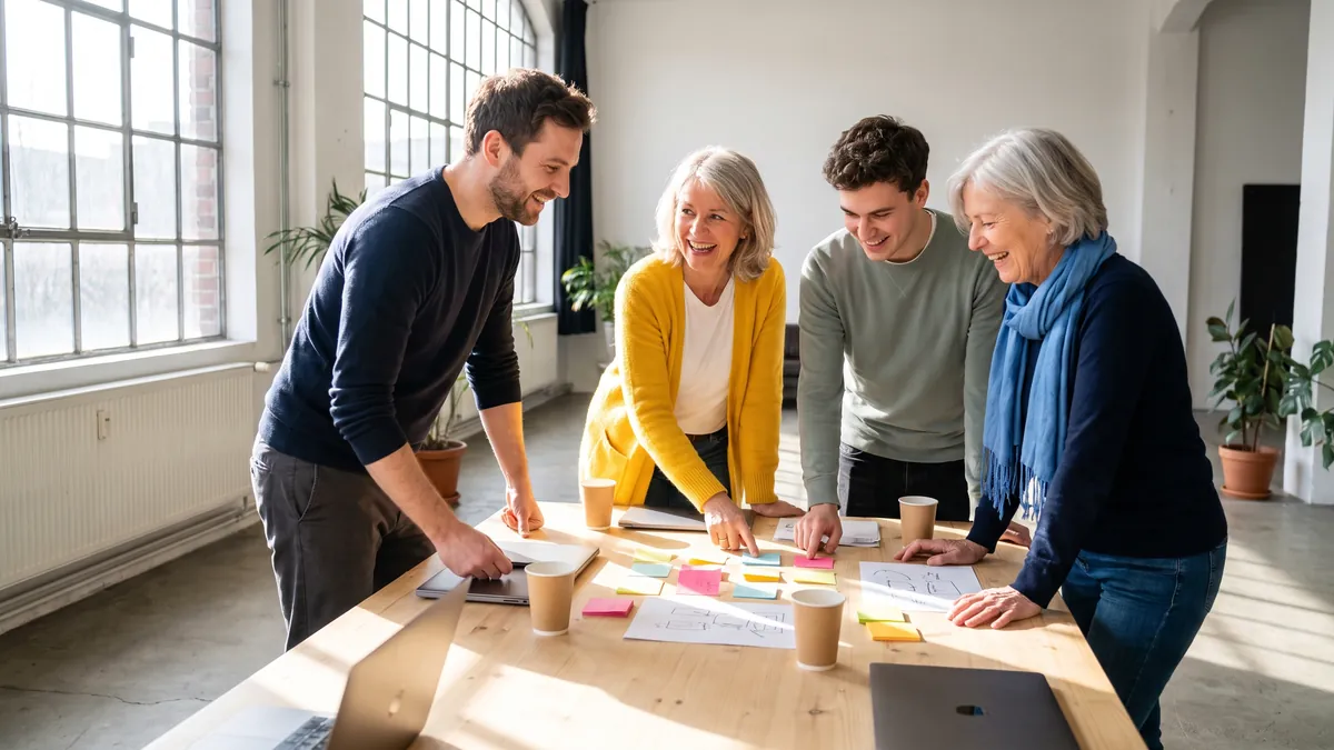 A small group of four adults of different ages chat around a bright meeting table with sticky notes and paper cups in a light-filled studio in Berlin.