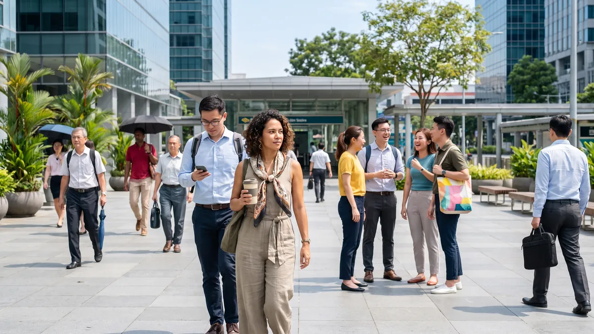 A diverse crowd of commuters walks across a bright plaza in Singapore at midday, people of different ages and styles, candid street photography.